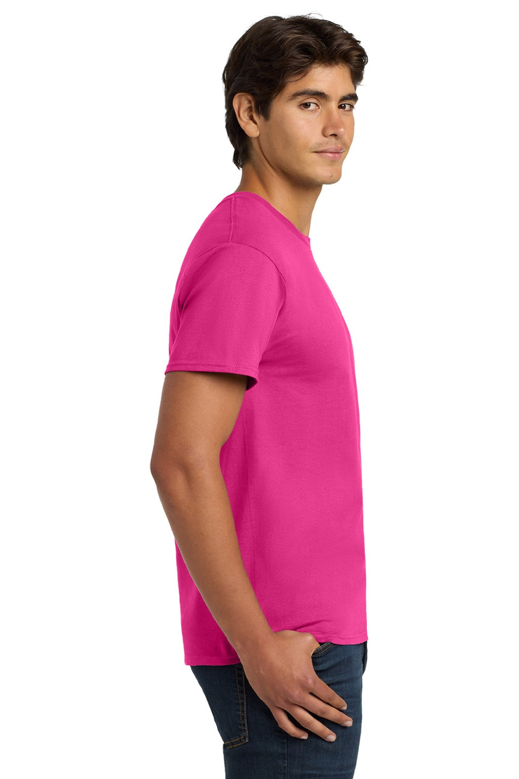 Hanes 5250 Mens Authentic Short Sleeve Crewneck T-Shirt Wow Pink Model Side