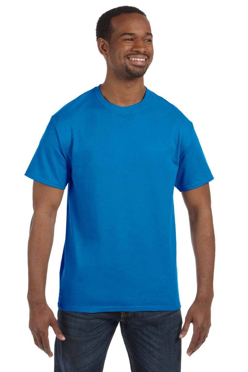 Hanes 5250 Mens Authentic Short Sleeve Crewneck T-Shirt Sapphire Blue Model Front