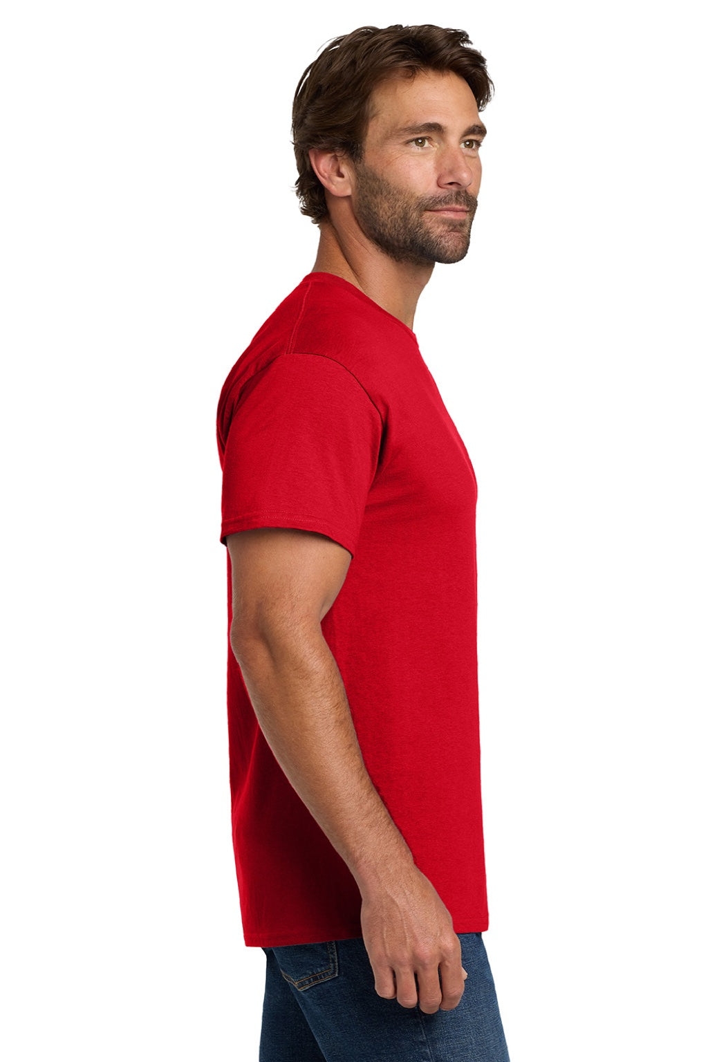 Hanes 5280 Mens Essential-T Short Sleeve Crewneck T-Shirt Athletic Red Model Side