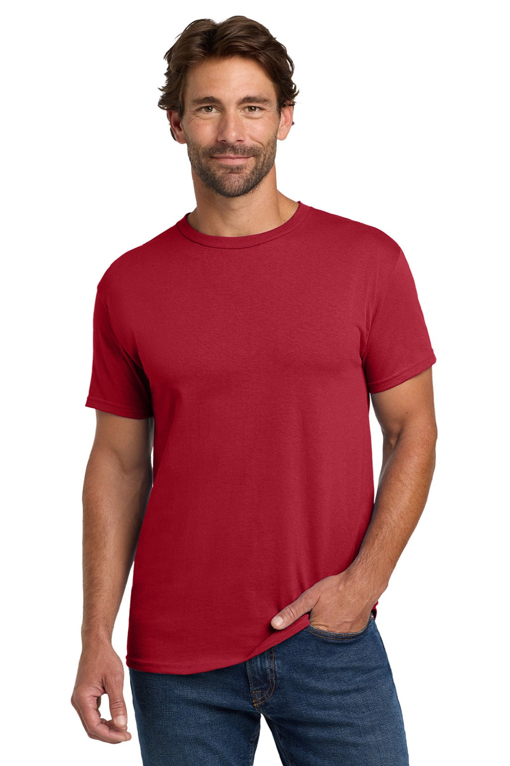 Hanes 5280 Mens Essential-T Short Sleeve Crewneck T-Shirt Deep Red Model Front