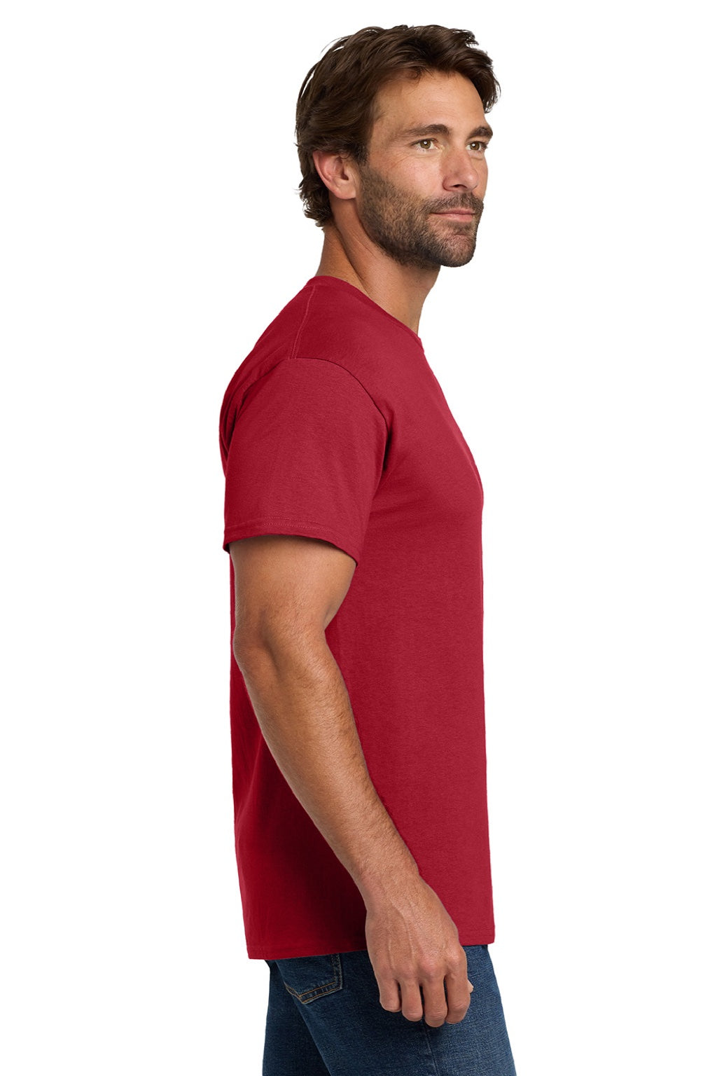Hanes 5280 Mens Essential-T Short Sleeve Crewneck T-Shirt Deep Red Model Side