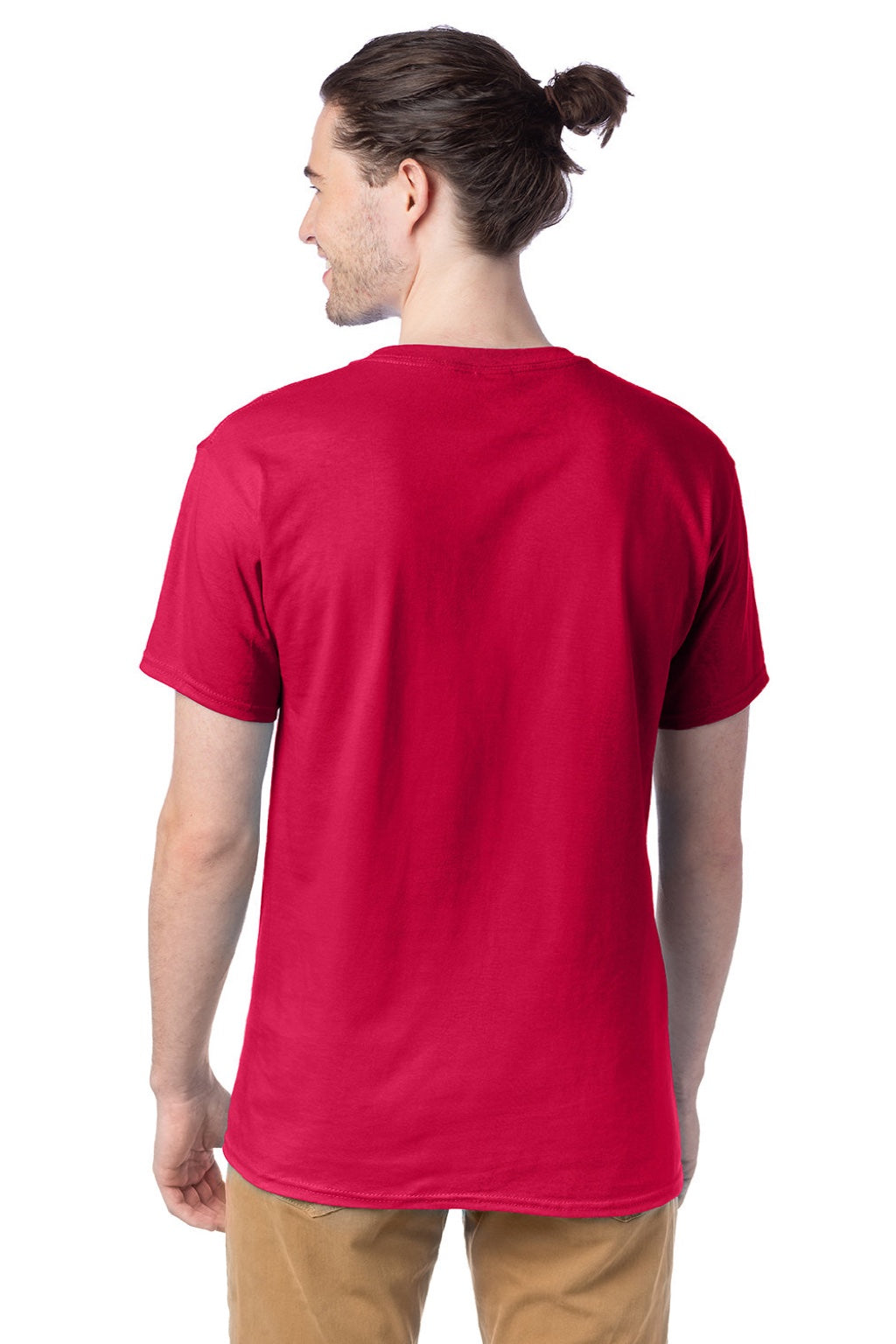 Hanes 5280 Mens Essential-T Short Sleeve Crewneck T-Shirt Athletic Crimson Red Model Back