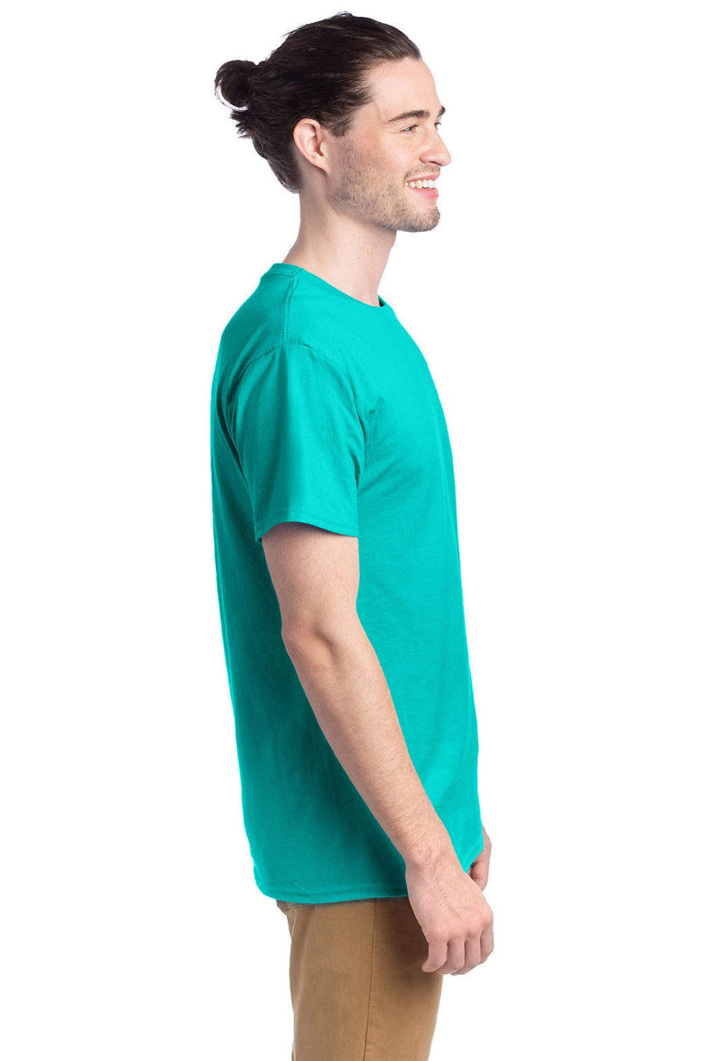Hanes 5280 Mens Essential-T Short Sleeve Crewneck T-Shirt Athletic Teal Green Model Side