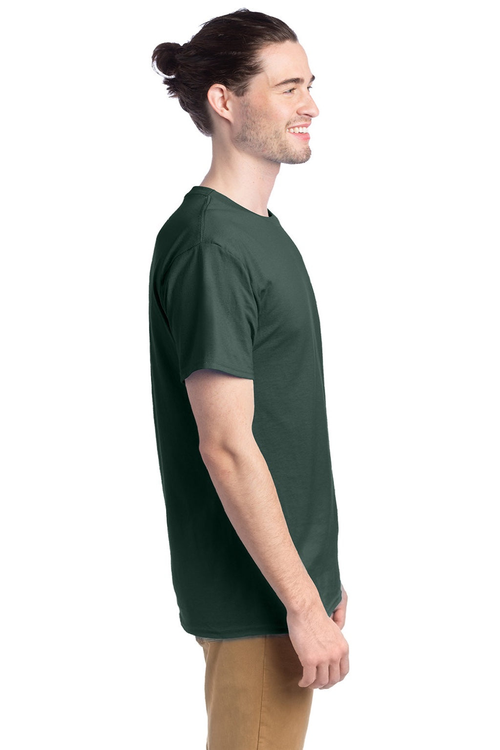 Hanes 5280 Mens Essential-T Short Sleeve Crewneck T-Shirt Athletic Dark Green Model Side