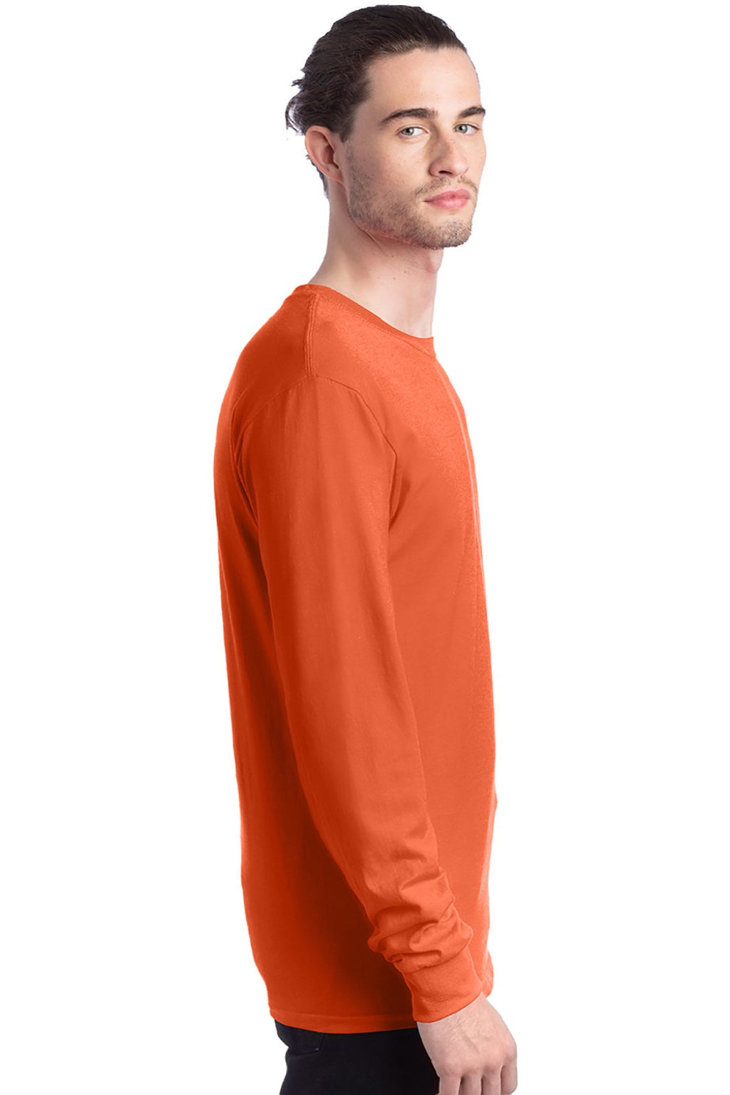 Hanes 5286 Mens Essential-T Long Sleeve Crewneck T-Shirt Texas Orange Model Side