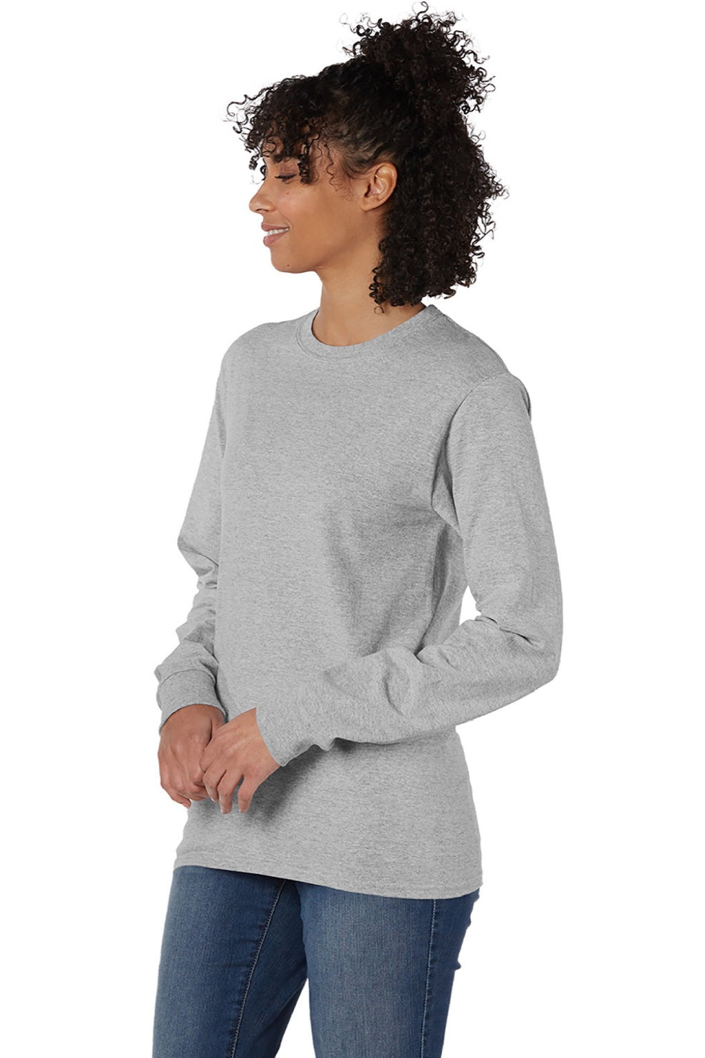 Hanes 5286 Mens Essential-T Long Sleeve Crewneck T-Shirt Oxford Grey Model 3Q