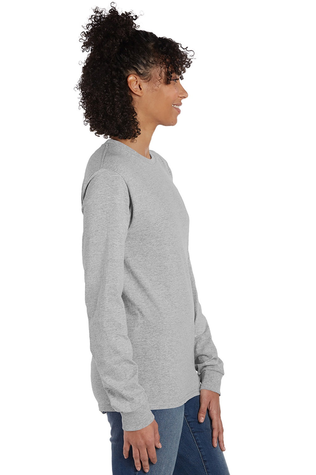 Hanes 5286 Mens Essential-T Long Sleeve Crewneck T-Shirt Oxford Grey Model Side