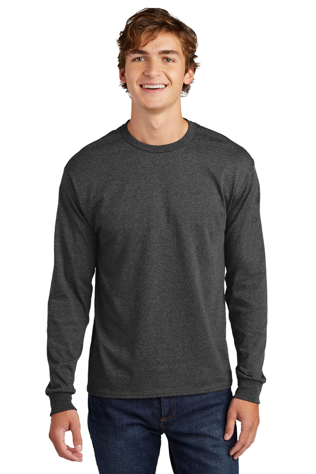 Hanes 5286 Mens Essential-T Long Sleeve Crewneck T-Shirt Heather Charcoal Grey Model Front