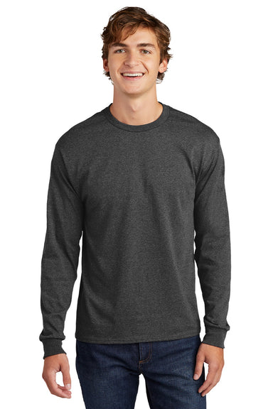 Hanes 5286 Mens Essential-T Long Sleeve Crewneck T-Shirt Heather Charcoal Grey Model Front