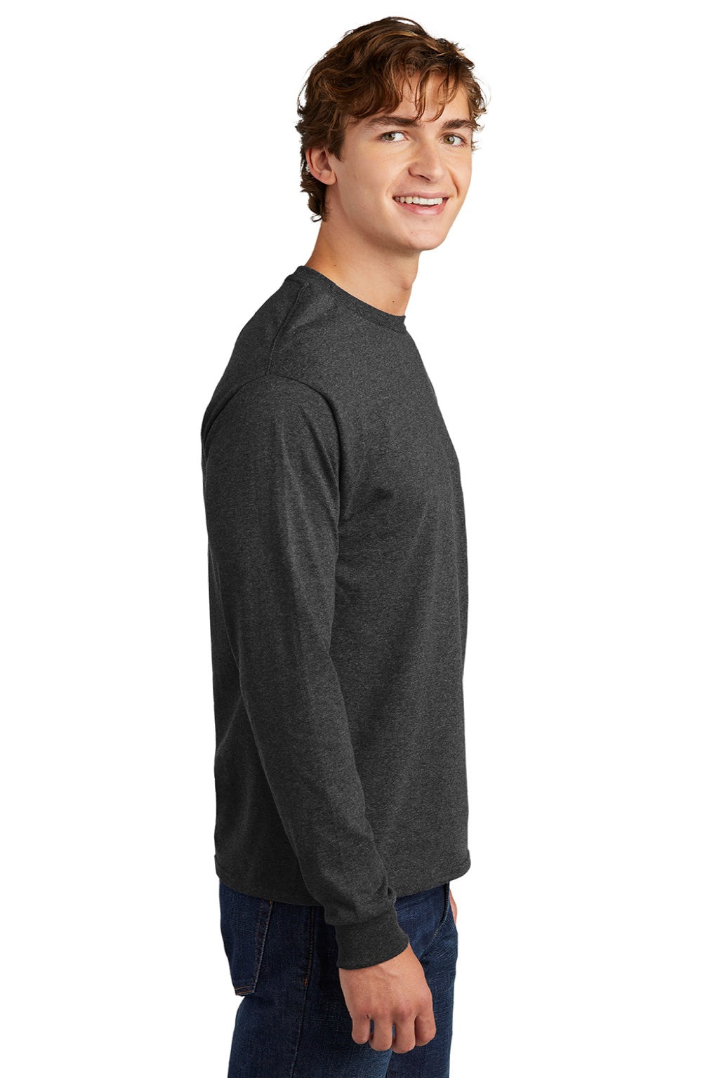 Hanes 5286 Mens Essential-T Long Sleeve Crewneck T-Shirt Heather Charcoal Grey Model Side