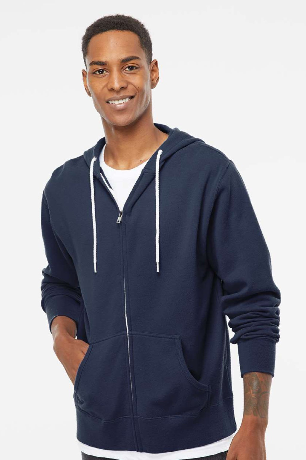 Independent Trading Company AFX90UNZ Mens Full Zip Hooded Sweatshirt Hoodie w/ Pockets Slate Blue Model Front