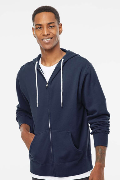Independent Trading Company AFX90UNZ Mens Full Zip Hooded Sweatshirt Hoodie w/ Pockets Slate Blue Model Front