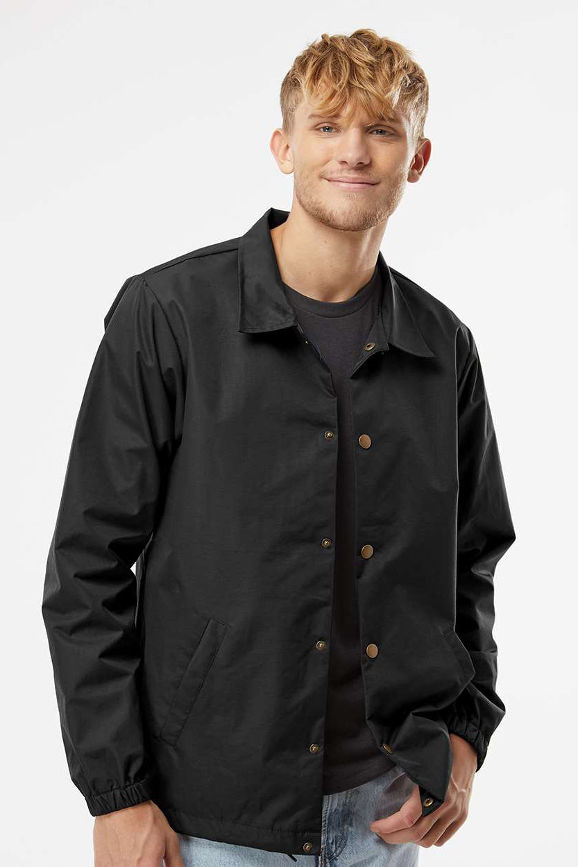 Independent Trading Company EXP99CNB Mens Water Resistant Snap Down Coaches Jacket Black Model Front