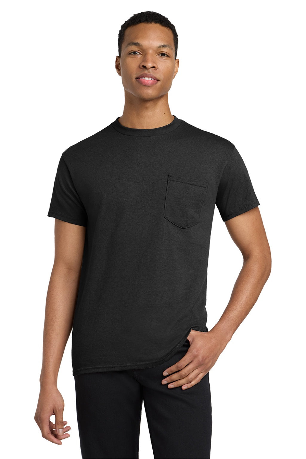 Gildan 5300 Mens Short Sleeve Crewneck T-Shirt w/ Pocket Black Model Front