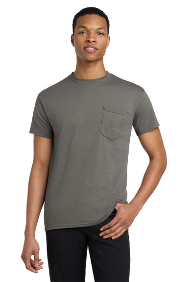 Gildan 5300 Mens Short Sleeve Crewneck T-Shirt w/ Pocket Charcoal Grey Model Front
