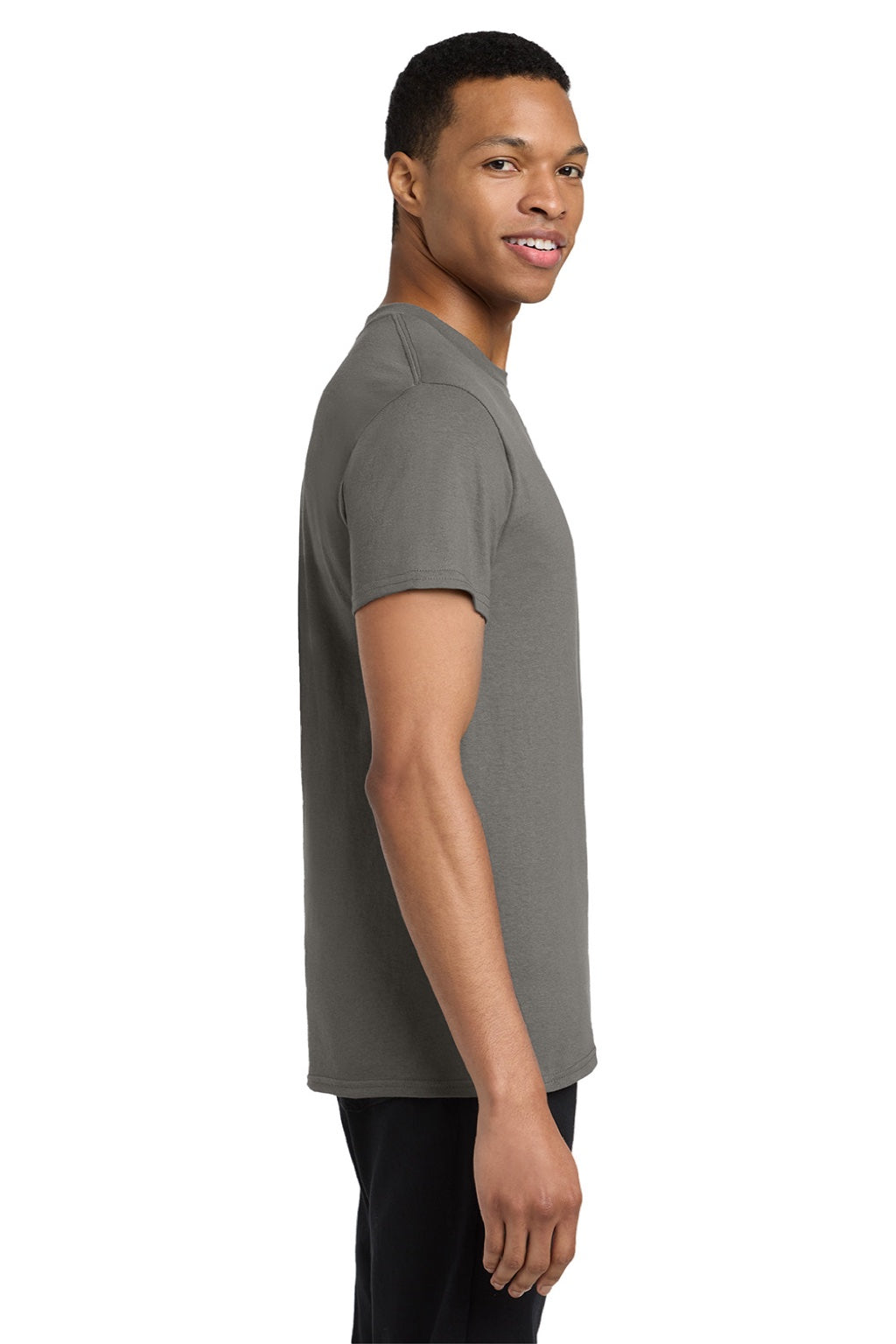 Gildan 5300 Mens Short Sleeve Crewneck T-Shirt w/ Pocket Charcoal Grey Model Side