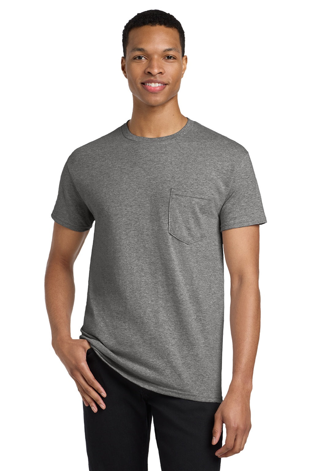 Gildan 5300 Mens Short Sleeve Crewneck T-Shirt w/ Pocket Heather Graphite Grey Model Front