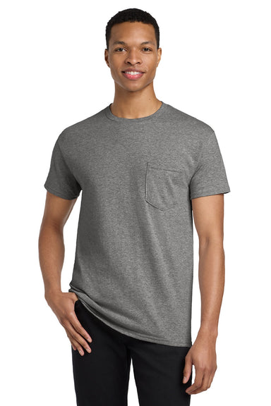 Gildan 5300 Mens Short Sleeve Crewneck T-Shirt w/ Pocket Heather Graphite Grey Model Front