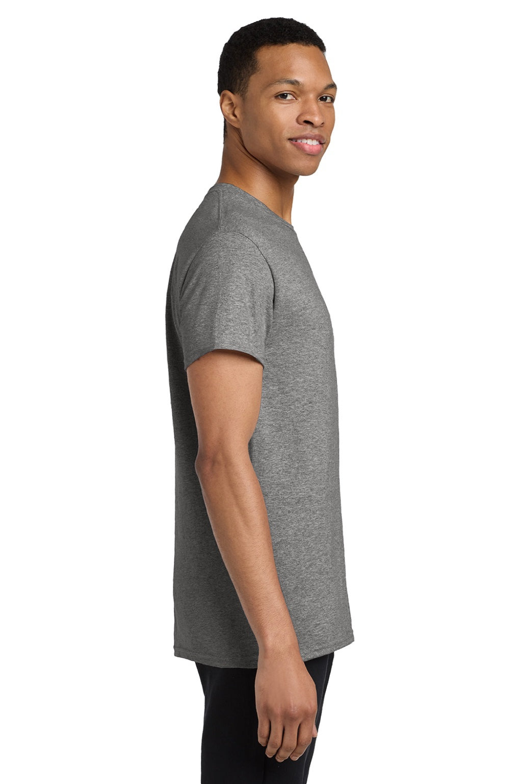 Gildan 5300 Mens Short Sleeve Crewneck T-Shirt w/ Pocket Heather Graphite Grey Model Side