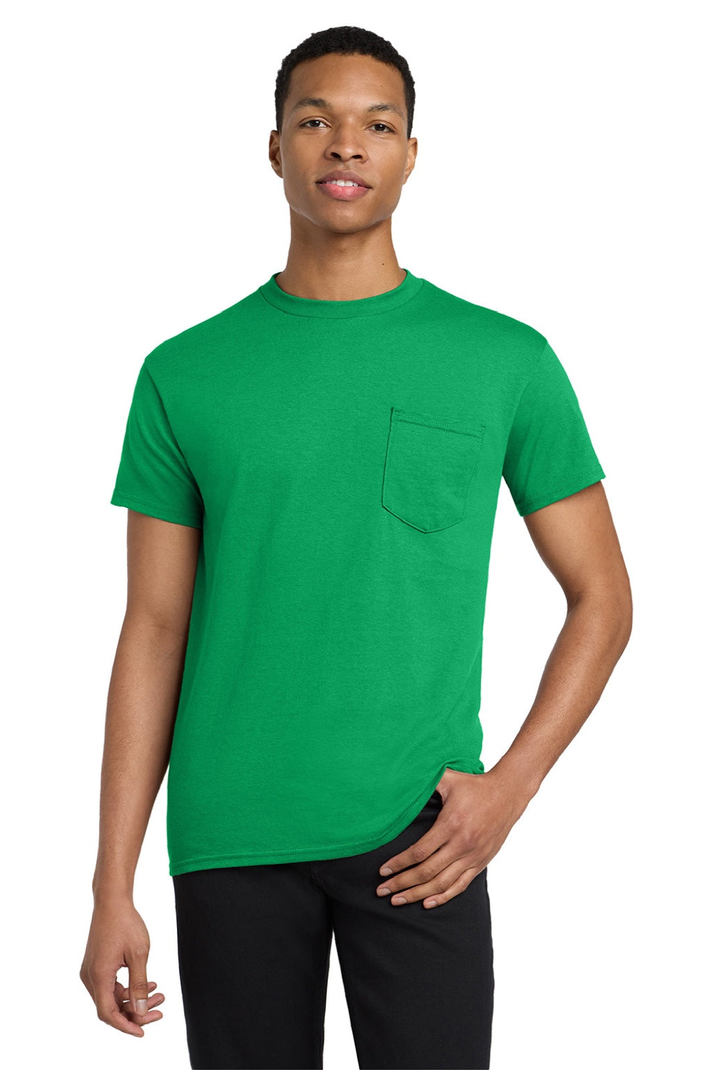 Gildan 5300 Mens Short Sleeve Crewneck T-Shirt w/ Pocket Irish Green Model Front
