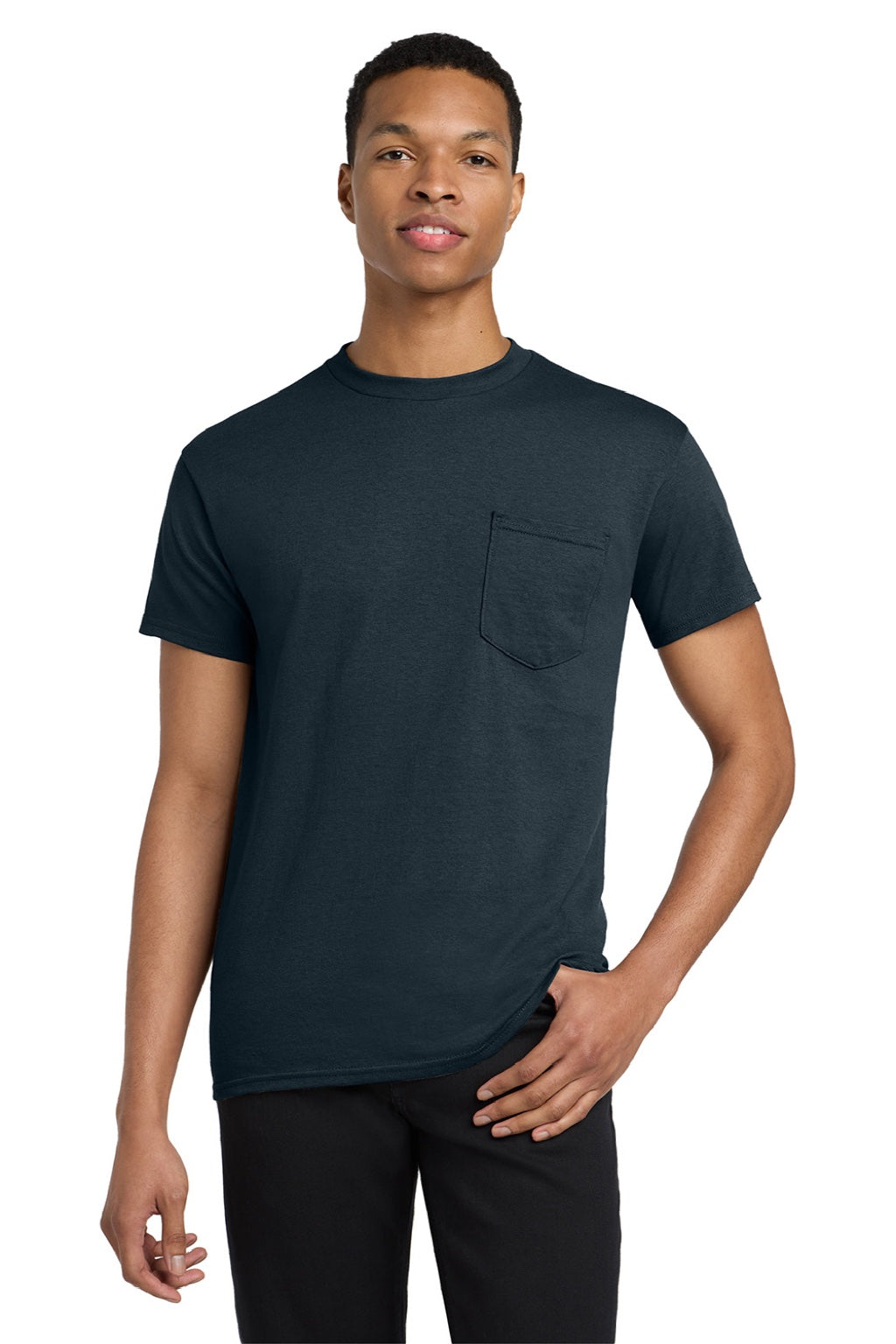 Gildan 5300 Mens Short Sleeve Crewneck T-Shirt w/ Pocket Navy Blue Model Front