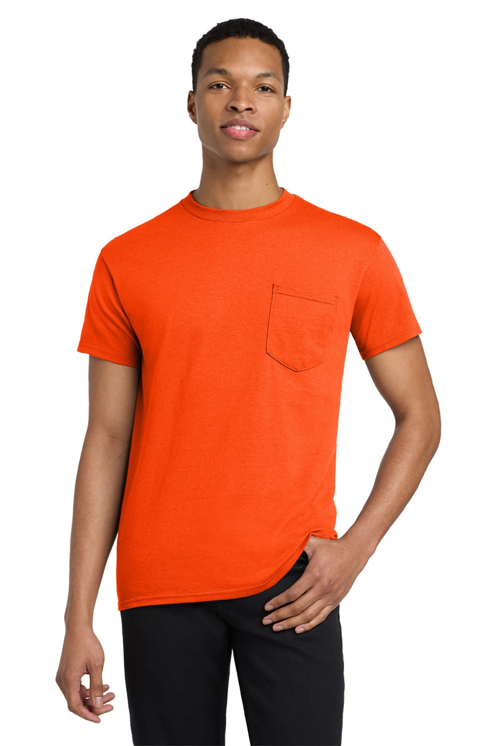 Gildan 5300 Mens Short Sleeve Crewneck T-Shirt w/ Pocket Orange Model Front