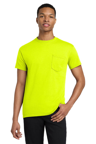 Gildan 5300 Mens Short Sleeve Crewneck T-Shirt w/ Pocket Safety Green Model Front