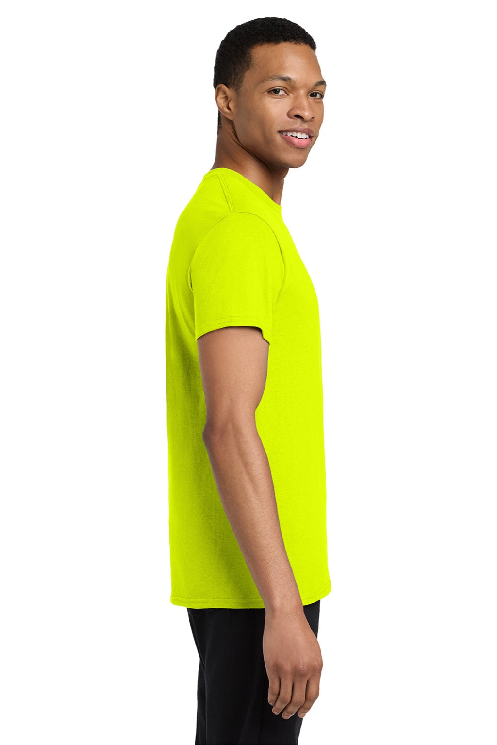Gildan 5300 Mens Short Sleeve Crewneck T-Shirt w/ Pocket Safety Green Model Side