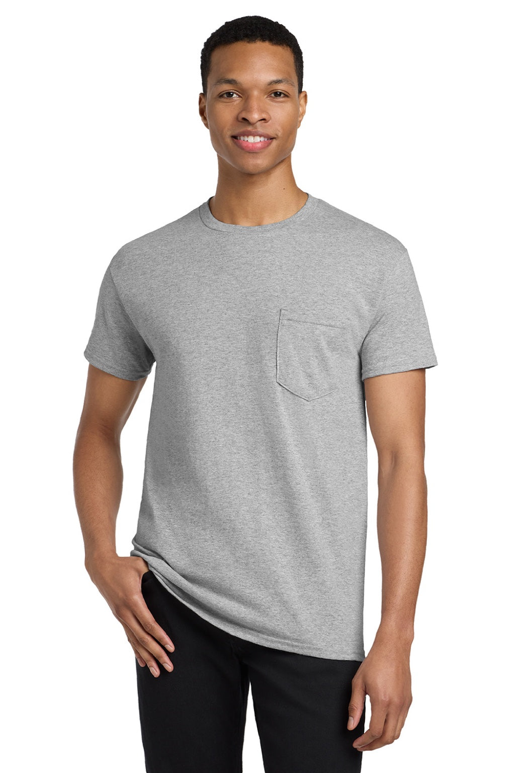 Gildan 5300 Mens Short Sleeve Crewneck T-Shirt w/ Pocket Sport Grey Model Front