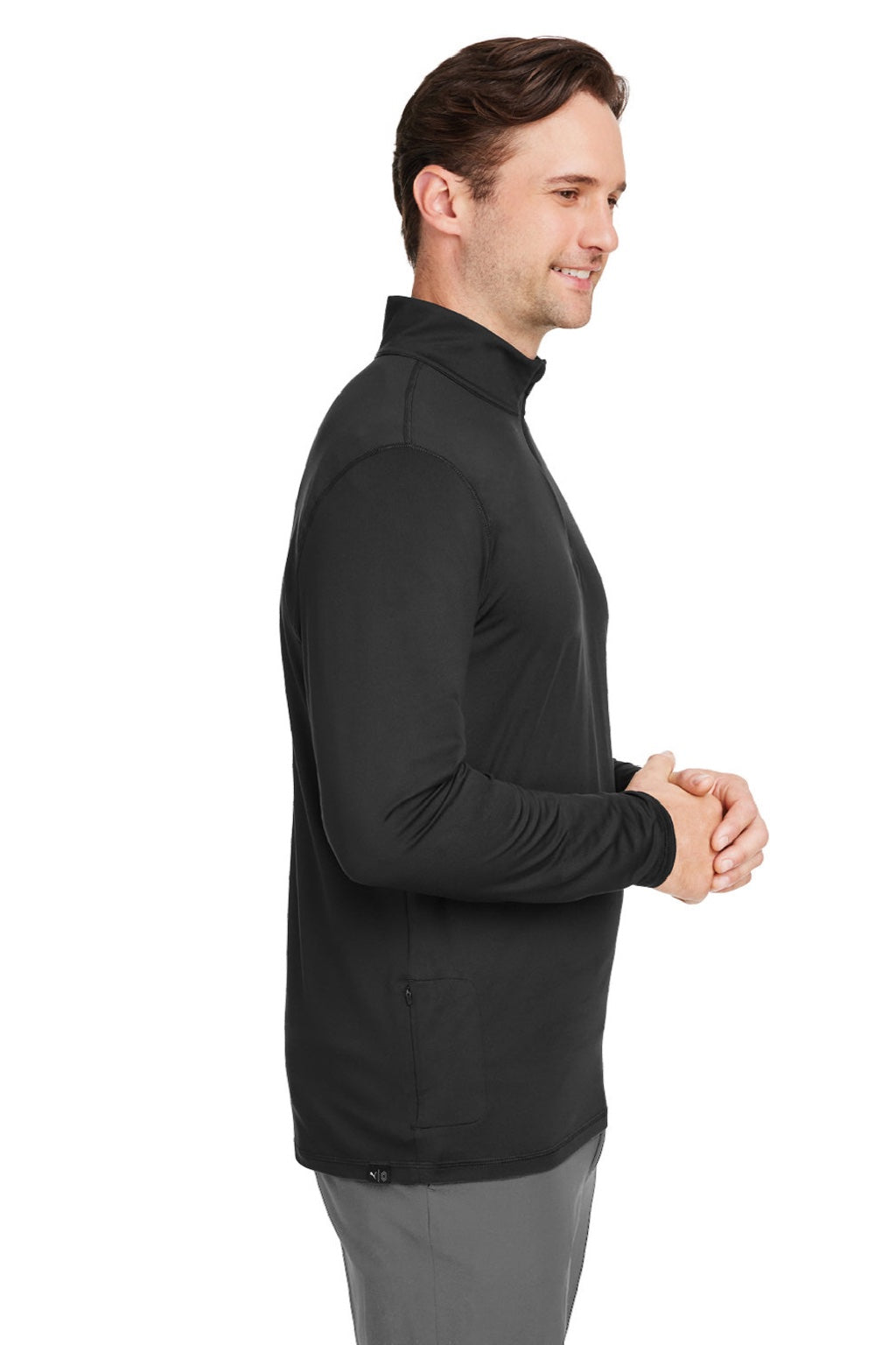 Puma 532016 Mens Cloudspun Moisture Wicking 1/4 Zip Sweatshirt w/ Pocket Black Model Side