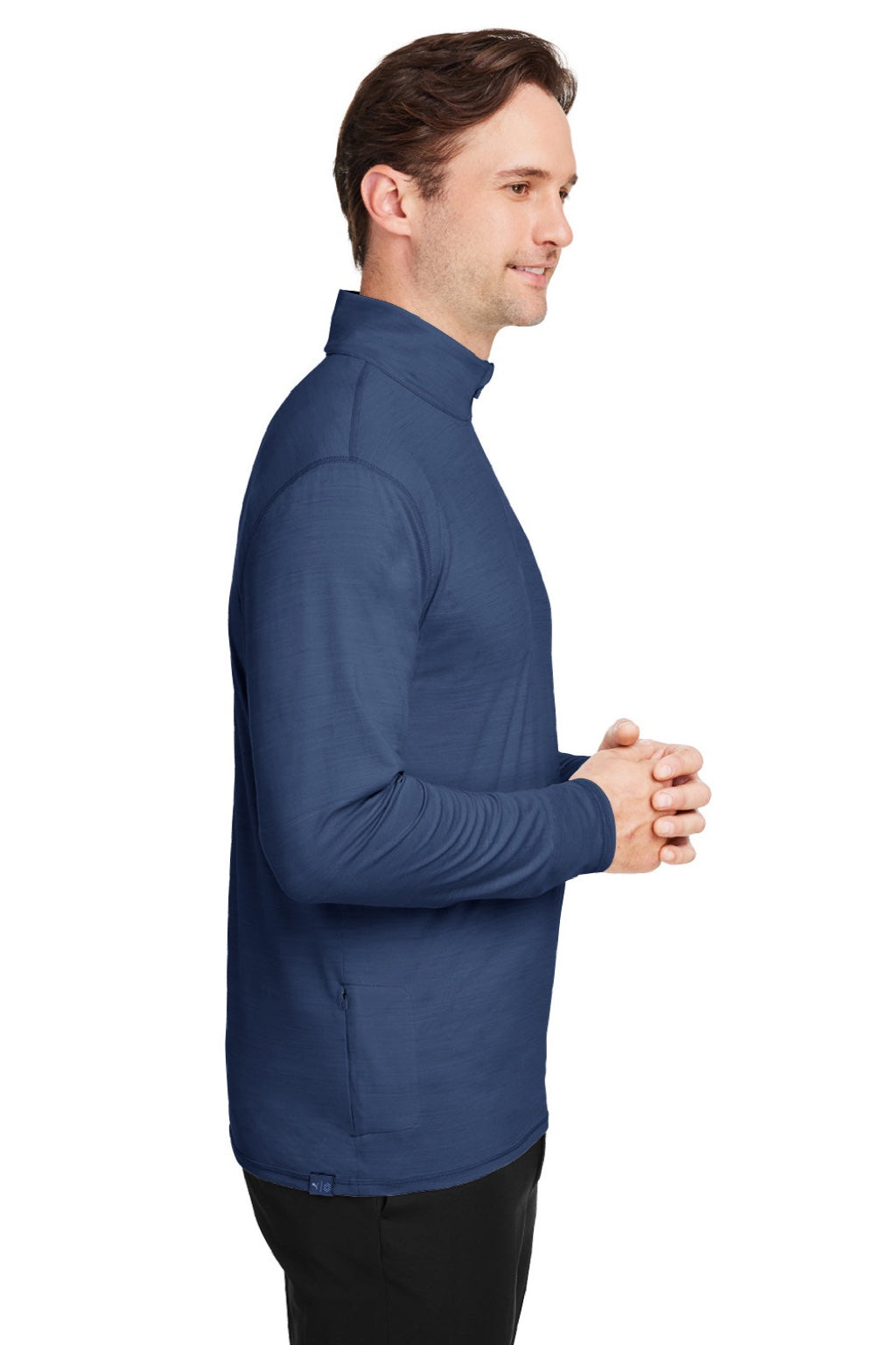 Puma 532016 Mens Cloudspun Moisture Wicking 1/4 Zip Sweatshirt w/ Pocket Heather Navy Blue Model Side