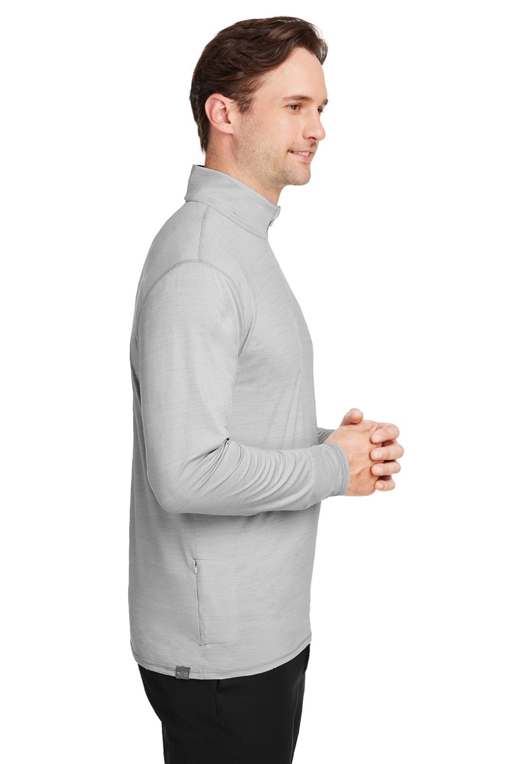 Puma 532016 Mens Cloudspun Moisture Wicking 1/4 Zip Sweatshirt w/ Pocket Heather High Rise Grey Model Side