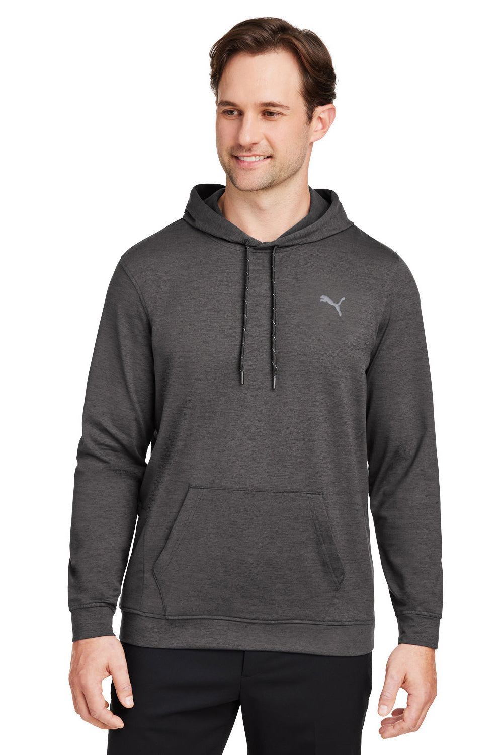 Puma 534527 Mens Cloudspun Moisture Wicking Hooded Sweatshirt Hoodie w/ Pouch Pocket Heather Black Model Front