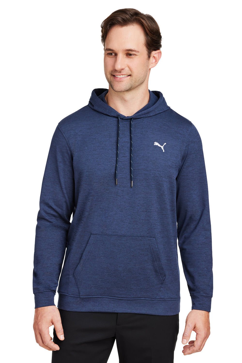 Puma 534527 Mens Cloudspun Moisture Wicking Hooded Sweatshirt Hoodie w/ Pouch Pocket Heather Navy Blue Model Front