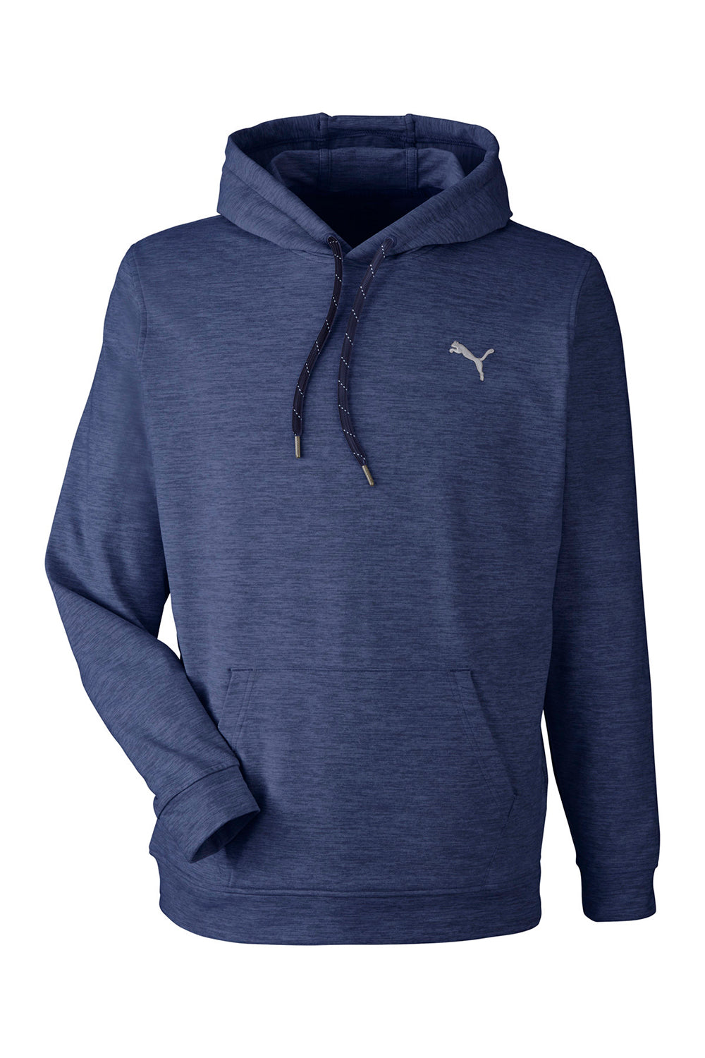 Puma 534527 Mens Cloudspun Moisture Wicking Hooded Sweatshirt Hoodie w/ Pouch Pocket Heather Navy Blue Flat Front