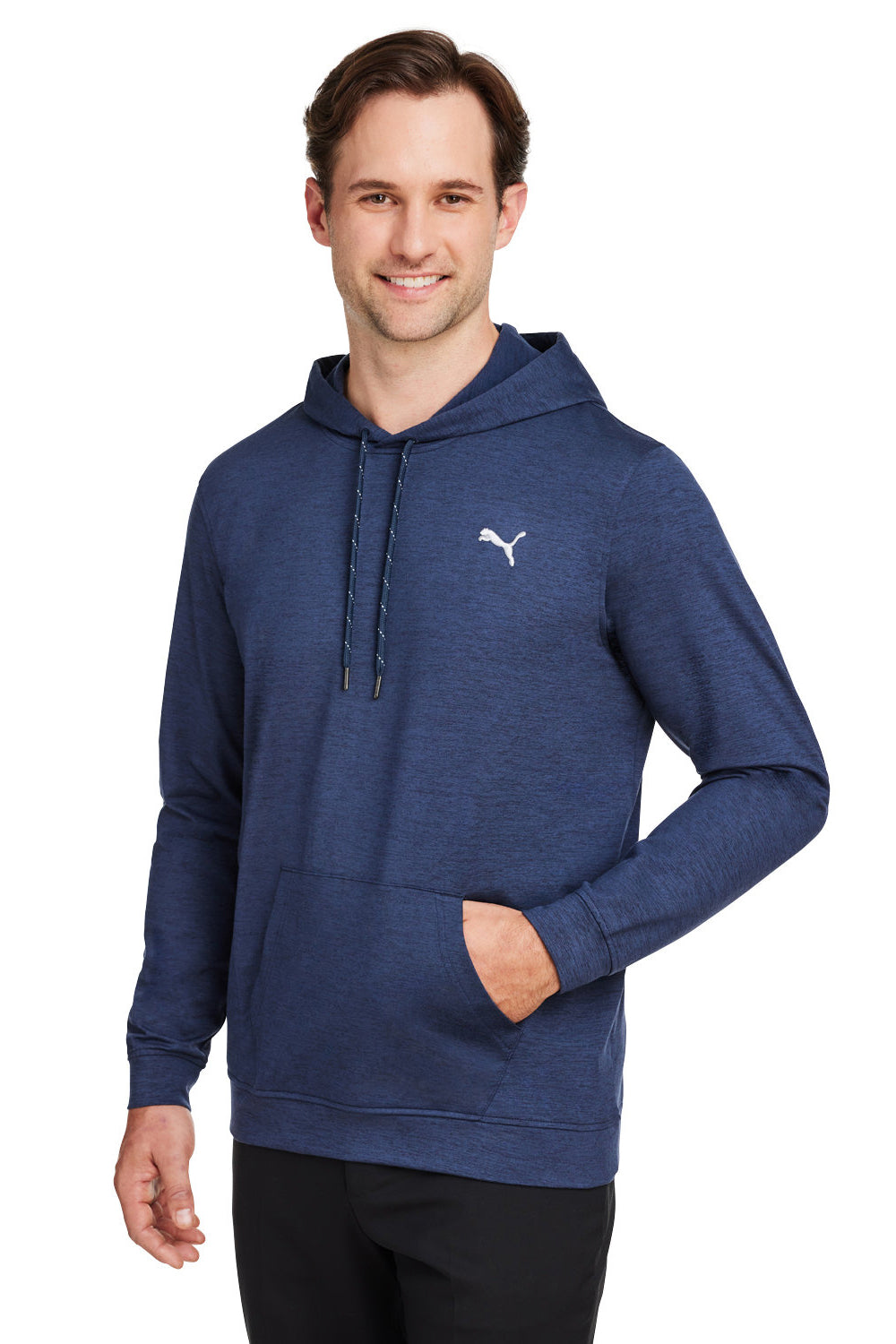 Puma 534527 Mens Cloudspun Moisture Wicking Hooded Sweatshirt Hoodie w/ Pouch Pocket Heather Navy Blue Model 3q