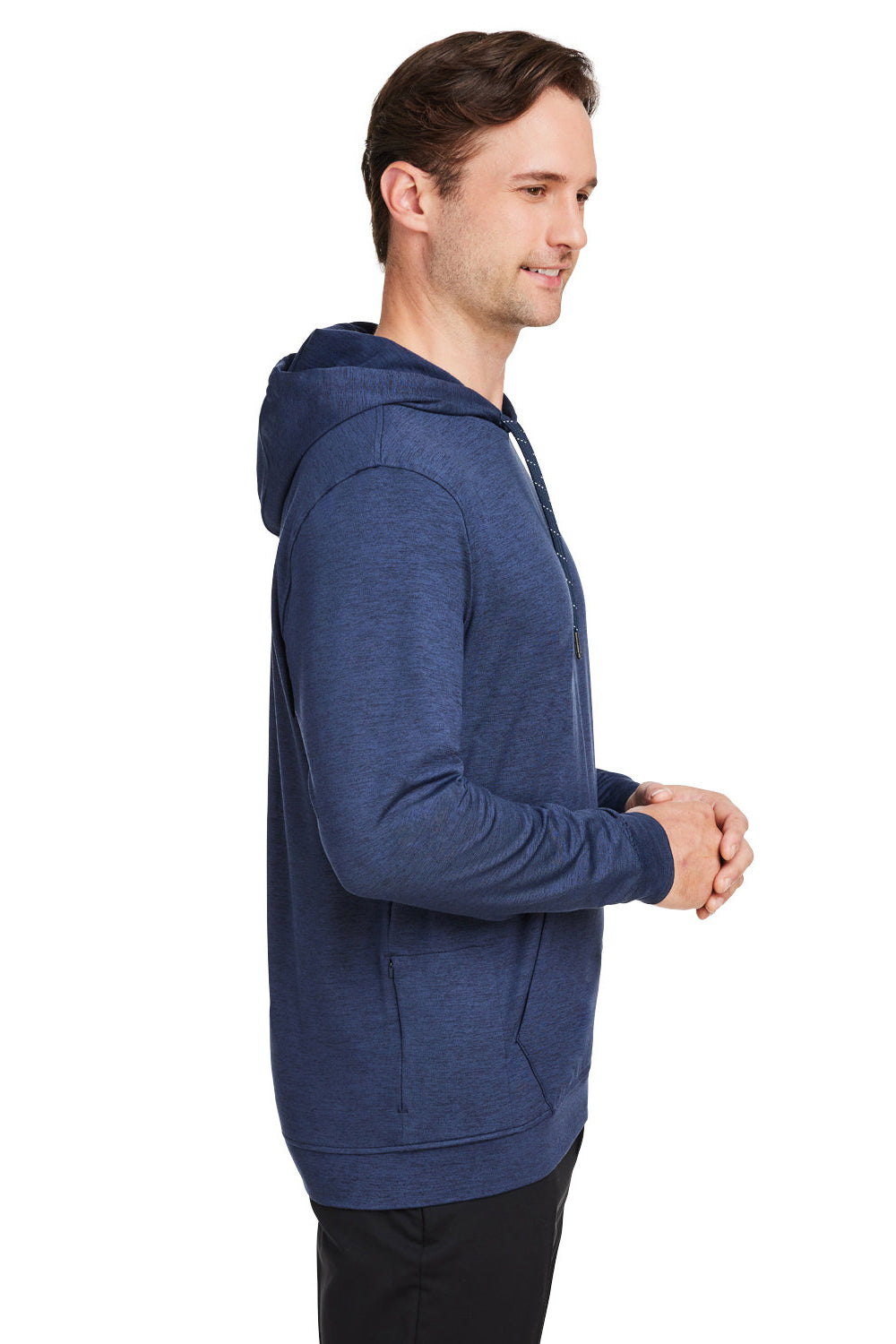 Puma 534527 Mens Cloudspun Moisture Wicking Hooded Sweatshirt Hoodie w/ Pouch Pocket Heather Navy Blue Model Side