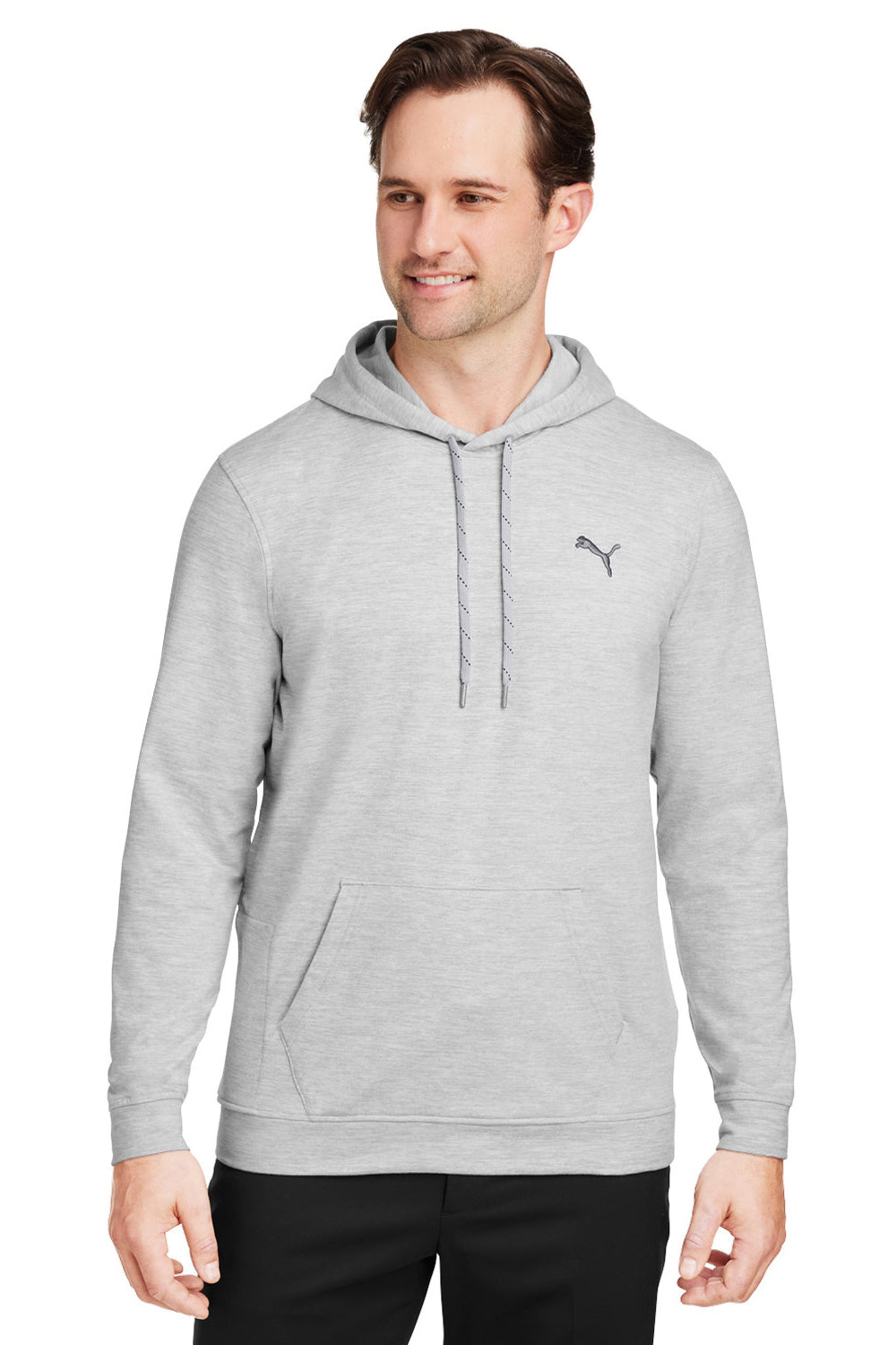 Puma 534527 Mens Cloudspun Moisture Wicking Hooded Sweatshirt Hoodie w/ Pouch Pocket Heather High Rise Grey Model Front