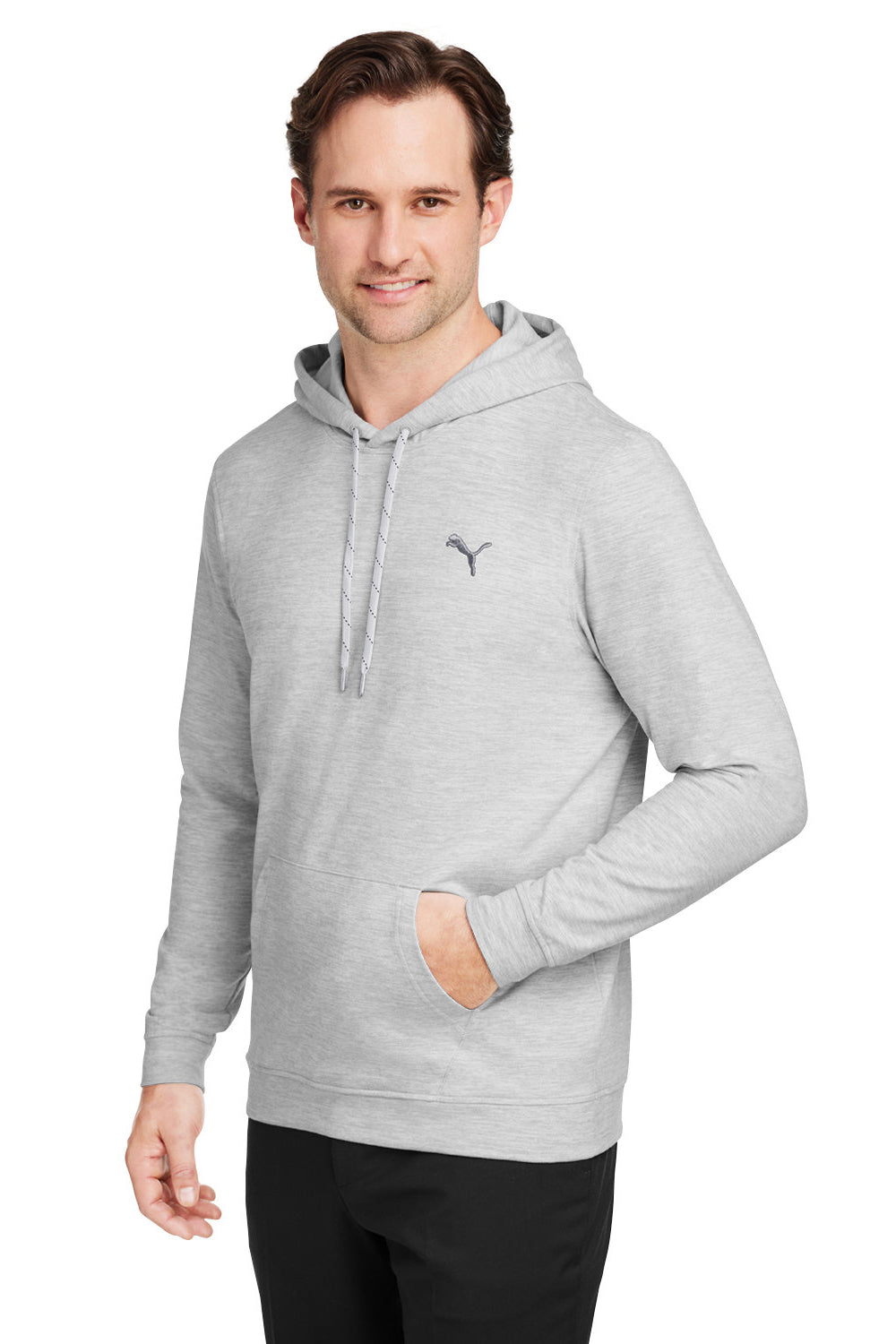Puma 534527 Mens Cloudspun Moisture Wicking Hooded Sweatshirt Hoodie w/ Pouch Pocket Heather High Rise Grey Model 3q