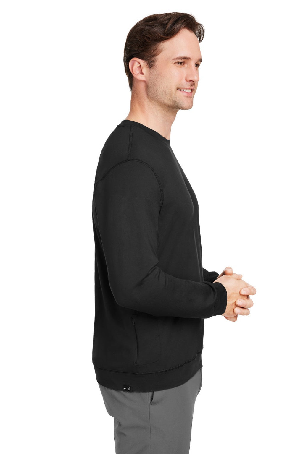Puma 535500 Mens Cloudspun Moisture Wicking Crewneck Sweatshirt w/ Pocket Black Model Side