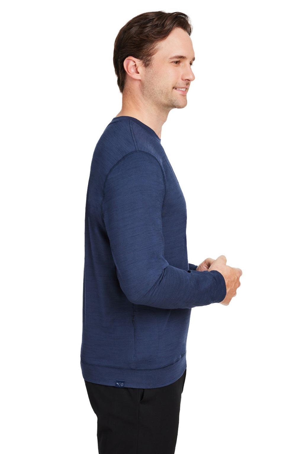 Puma 535500 Mens Cloudspun Moisture Wicking Crewneck Sweatshirt w/ Pocket Heather Navy Blue Model Side