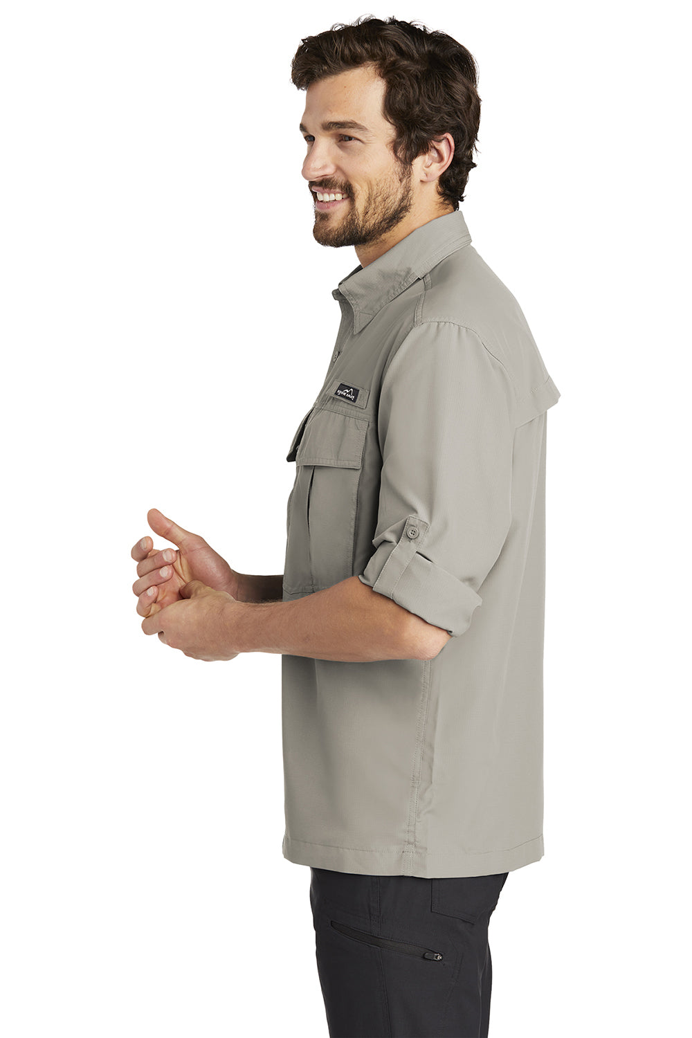 Eddie Bauer EB600 Mens Performance Fishing Moisture Wicking Long Sleeve Button Down Shirt w/ Double Pockets Driftwood Model Side