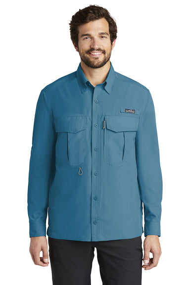 Eddie Bauer EB600 Mens Performance Fishing Moisture Wicking Long Sleeve Button Down Shirt w/ Double Pockets Gulf Teal Blue Model Front