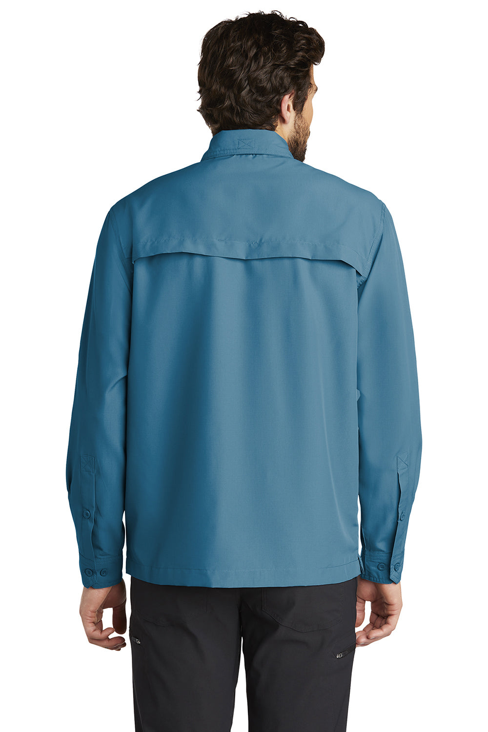 Eddie Bauer EB600 Mens Performance Fishing Moisture Wicking Long Sleeve Button Down Shirt w/ Double Pockets Gulf Teal Blue Model Back