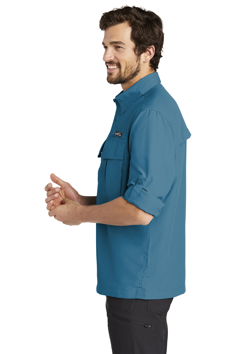 Eddie Bauer EB600 Mens Performance Fishing Moisture Wicking Long Sleeve Button Down Shirt w/ Double Pockets Gulf Teal Blue Model Side