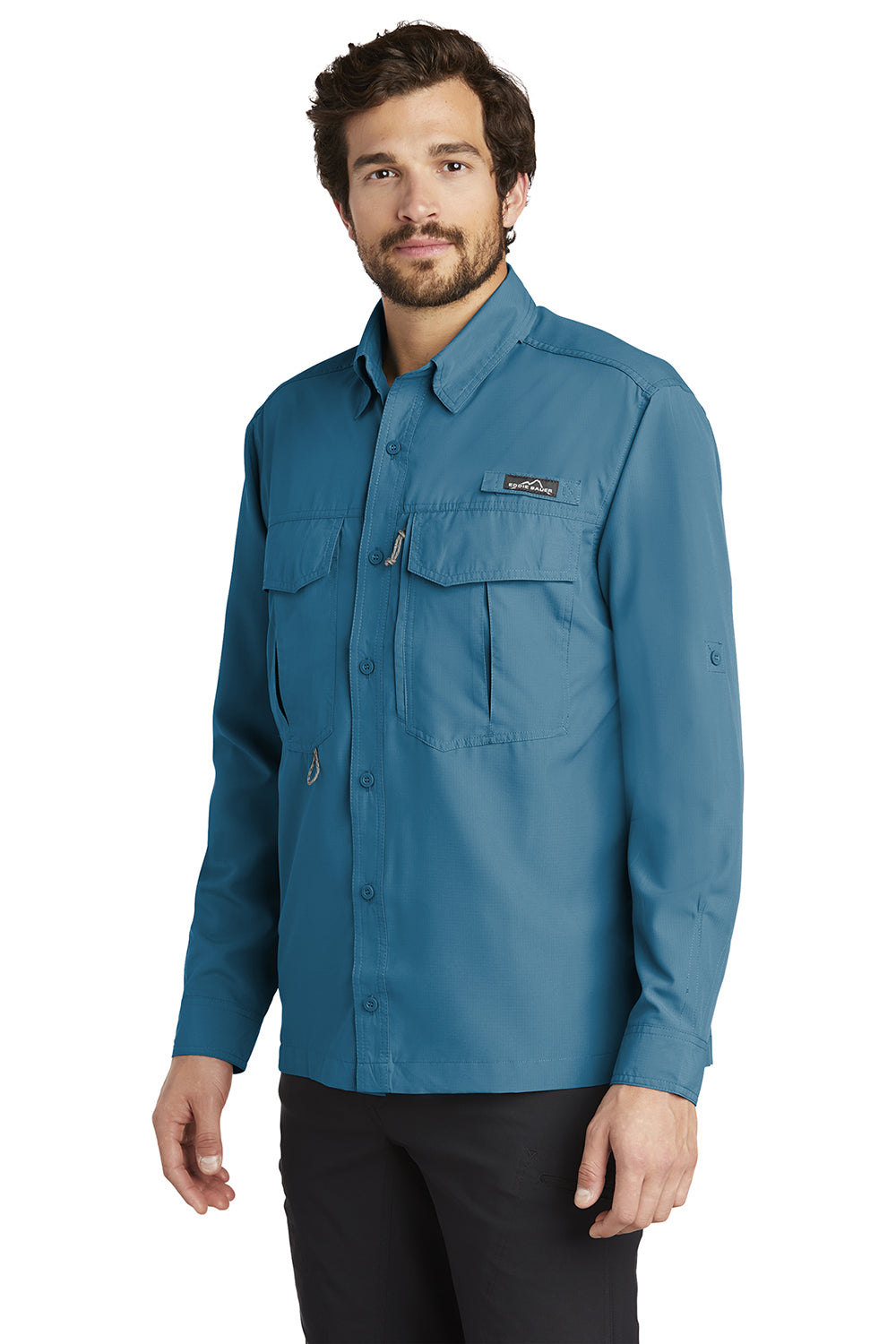 Eddie Bauer EB600 Mens Performance Fishing Moisture Wicking Long Sleeve Button Down Shirt w/ Double Pockets Gulf Teal Blue Model 3Q