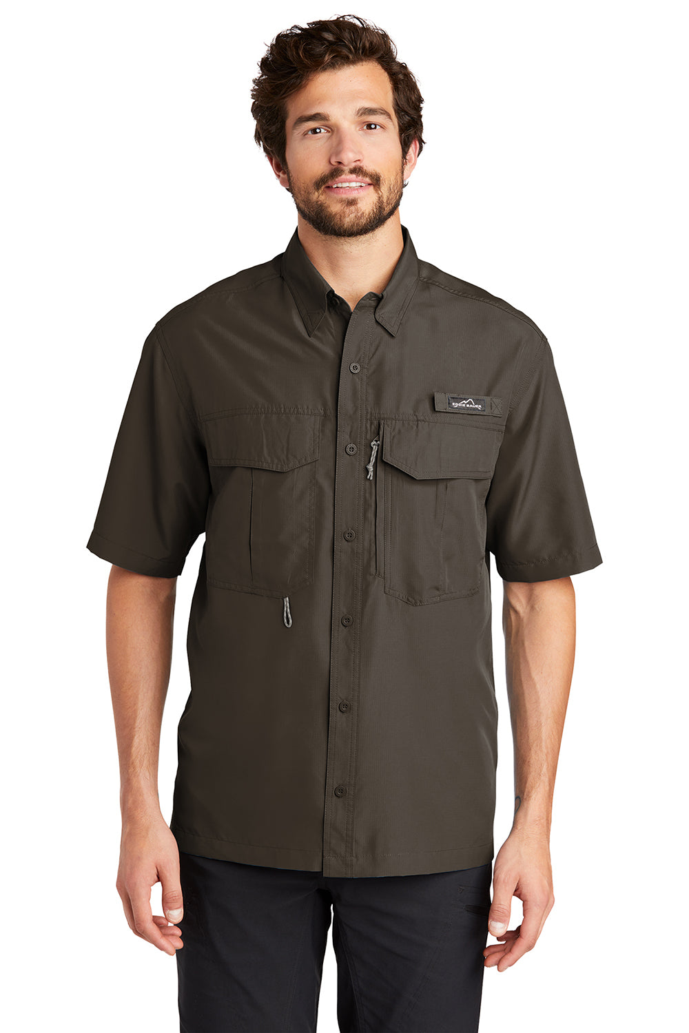 Eddie Bauer EB602 Mens Performance Fishing Moisture Wicking Short Sleeve Button Down Shirt w/ Double Pockets Boulder Model Front