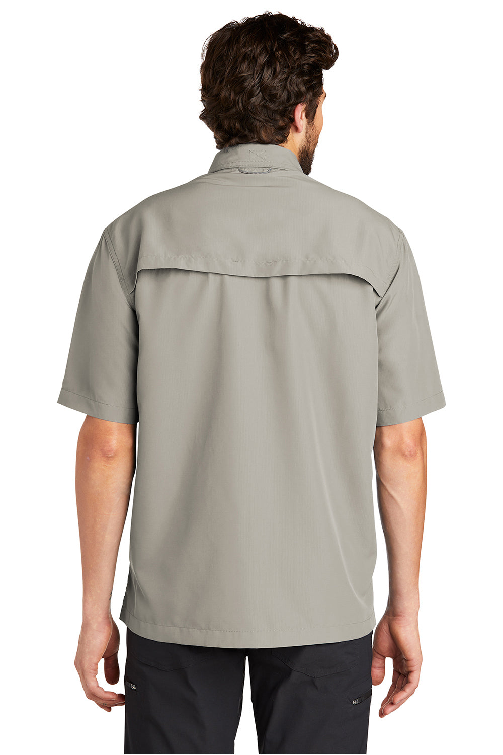 Eddie Bauer EB602 Mens Performance Fishing Moisture Wicking Short Sleeve Button Down Shirt w/ Double Pockets Driftwood Model Back