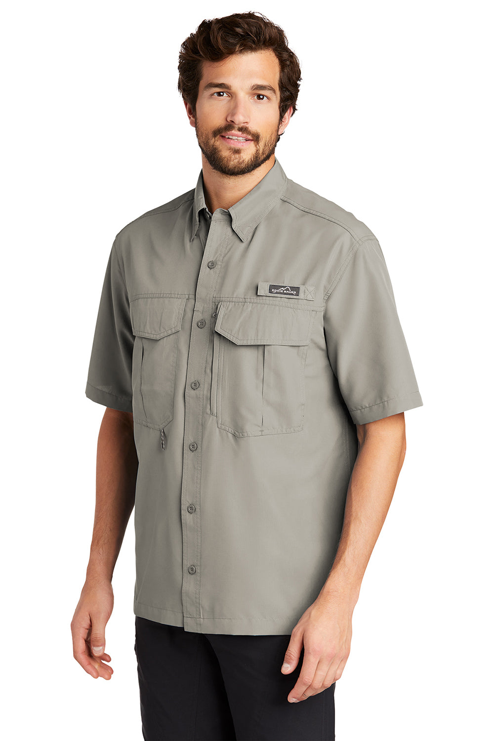 Eddie Bauer EB602 Mens Performance Fishing Moisture Wicking Short Sleeve Button Down Shirt w/ Double Pockets Driftwood Model 3Q