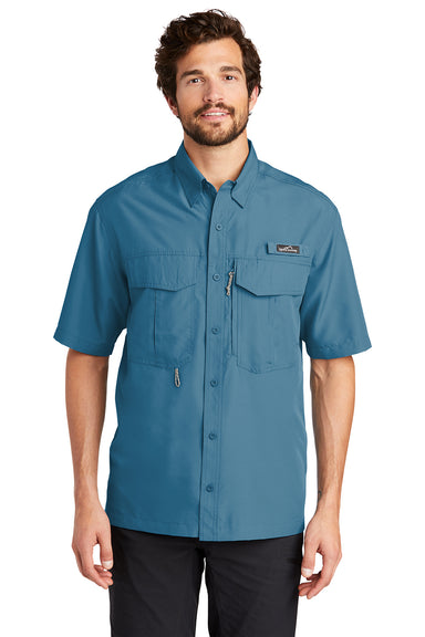 Eddie Bauer EB602 Mens Performance Fishing Moisture Wicking Short Sleeve Button Down Shirt w/ Double Pockets Gulf Teal Blue Model Front